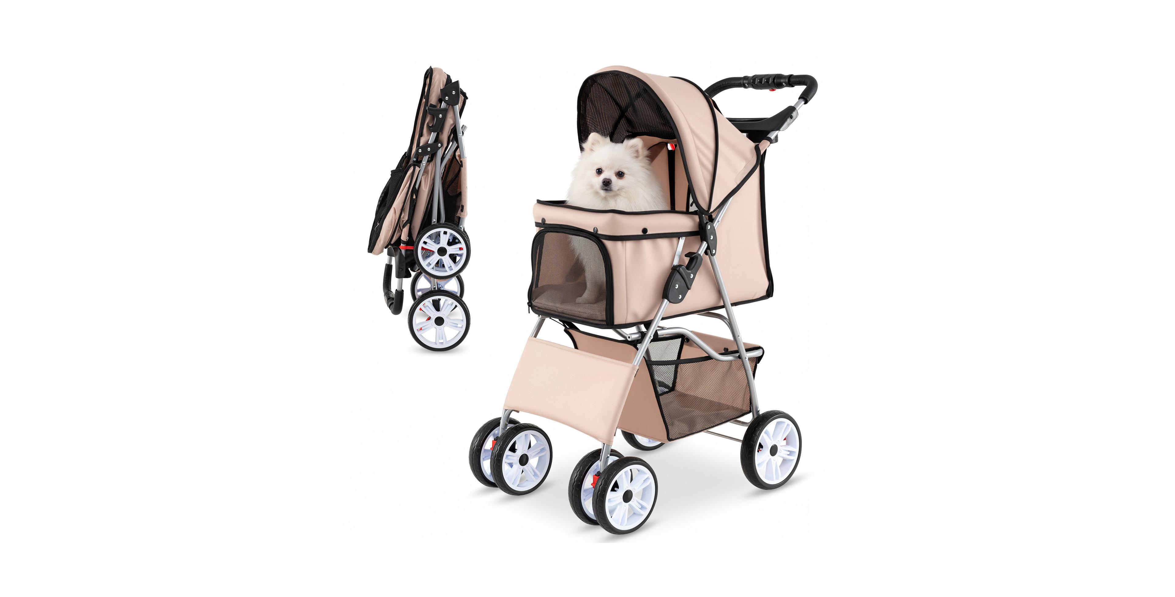 Gymax 4-Wheel Pet Stroller for Dogs Cats up to 33 Lbs Foldable with Breathable Mesh