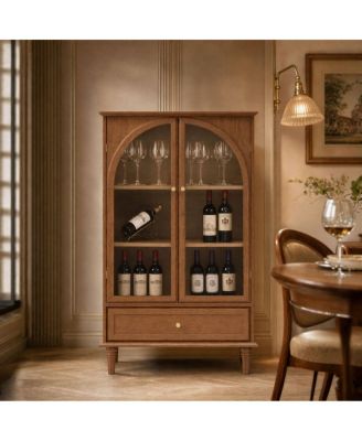 Vintage Farmhouse Arched Glass Accent Cabinet with Drawer