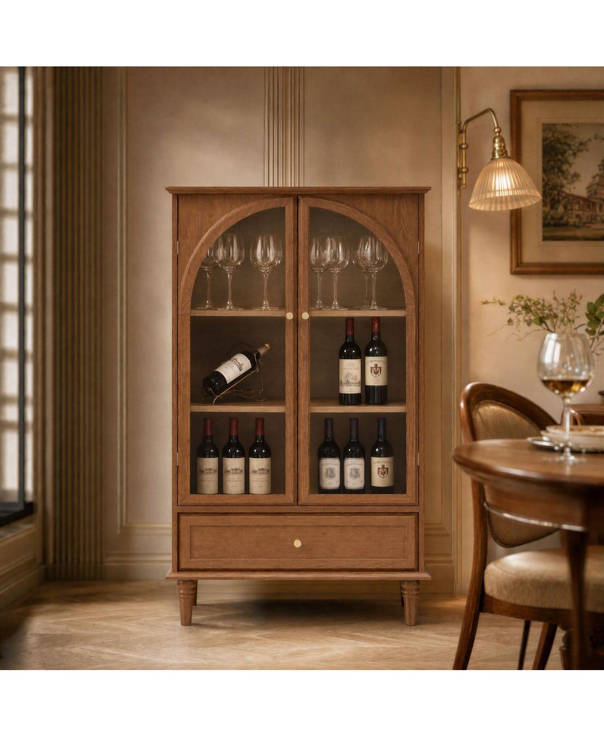 Streamdale Furniture Vintage Farmhouse Arched Glass Accent Cabinet with Drawer - Walnut
