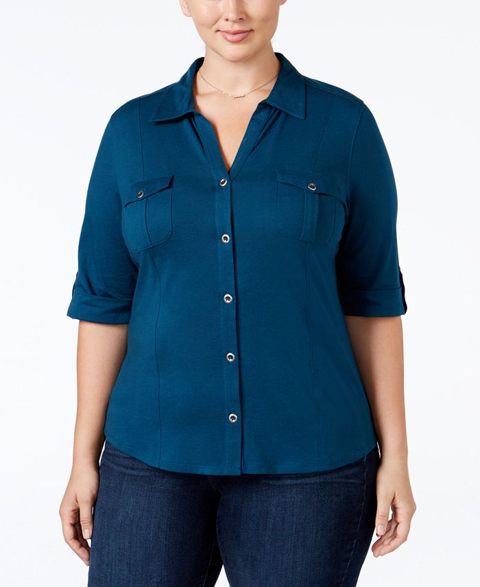 Style & Co Plus Size Three-Quarter-Sleeve Utility Shirt - Macy's