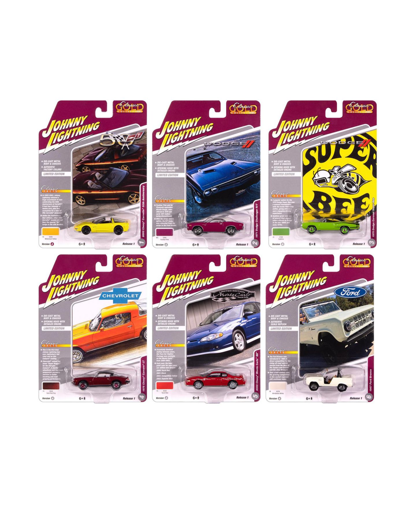 Детские игрушки Johnny Lightning 1/64 Scale Classic Gold Collection Limited-Edition Diecast Model Cars, 6-Piece Set — фото 1