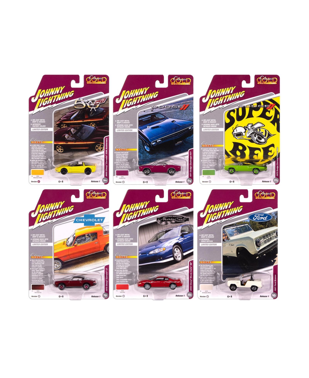 Johnny Lightning 1/64 Scale Classic Gold Collection Limited-Edition Diecast Model Cars, 6-Piece Set