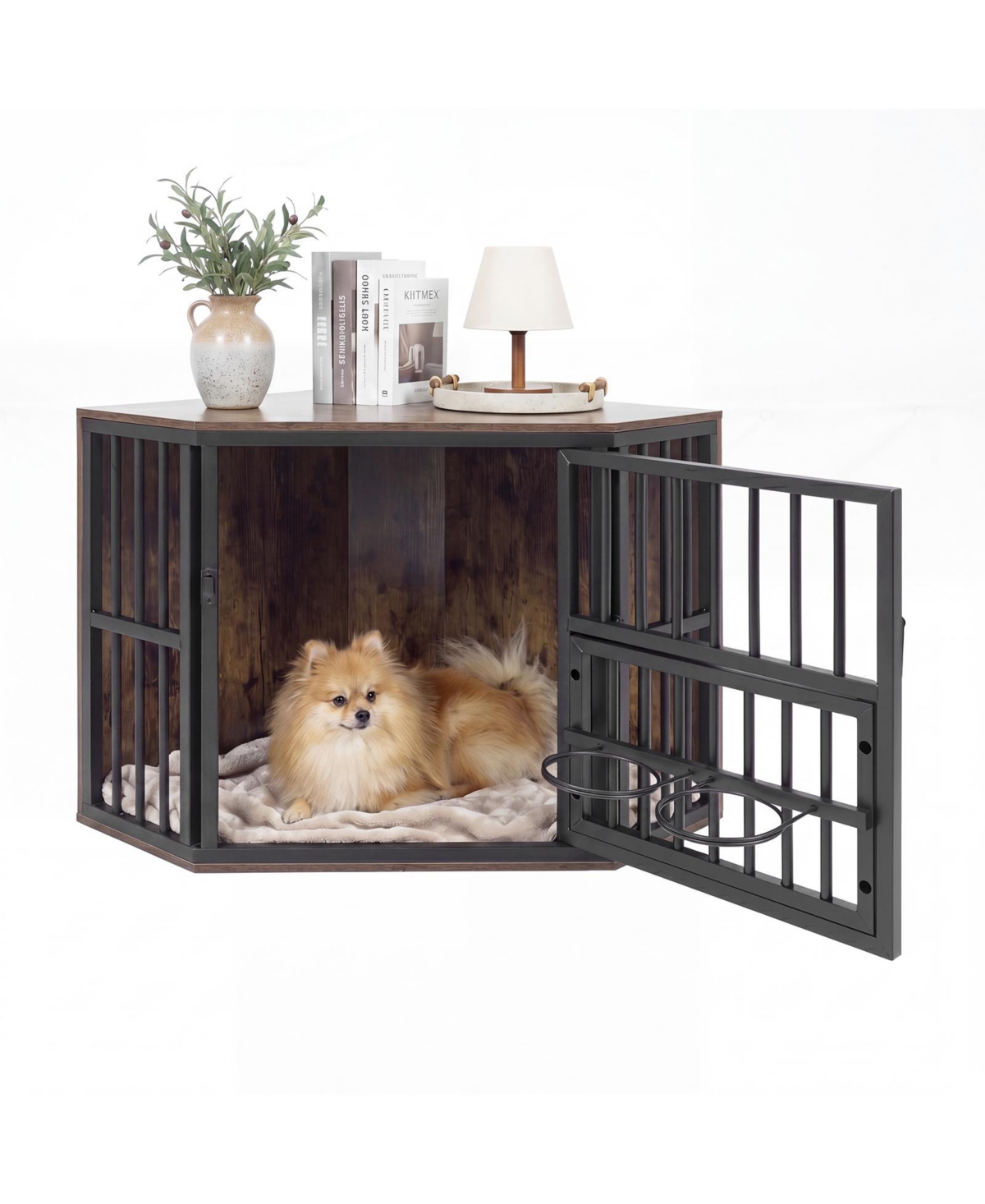 Gymax Corner Dog Crate Furniture Wooden Dog Kennel End Table Heavy Duty Pet Crate - Brown