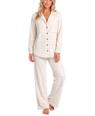 Women's Long-Sleeve Button-Front Embossed Superspan Pajama Set