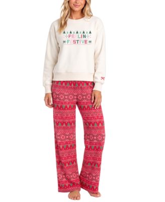 Women's Long-Sleeve Fleece Fair Isle Pajama Top and Pants, 2-Piece Set