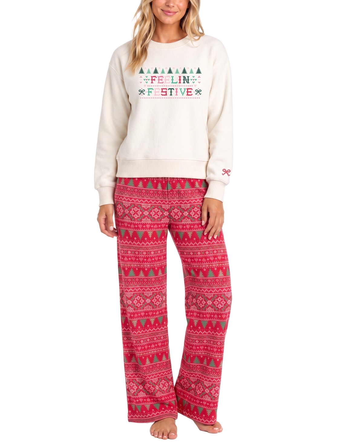 Roudelain Women's Long-Sleeve Fleece Fair Isle Pajama Top and Pants, 2-Piece Set