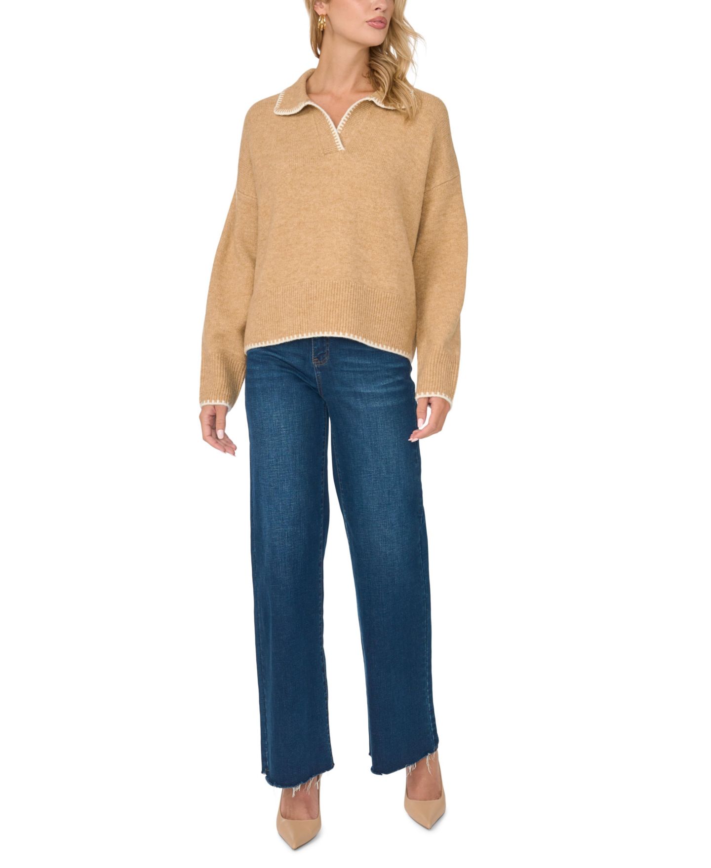 Женский свитер Vince Camuto Collared Long Sleeve with Contrast Tipping, цвет: Латте меланжевый — фото 2