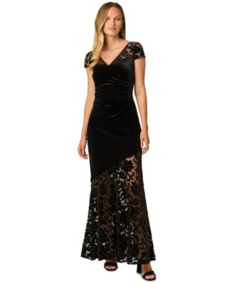 Women's V-Neck Velvet Floral-Print Gown