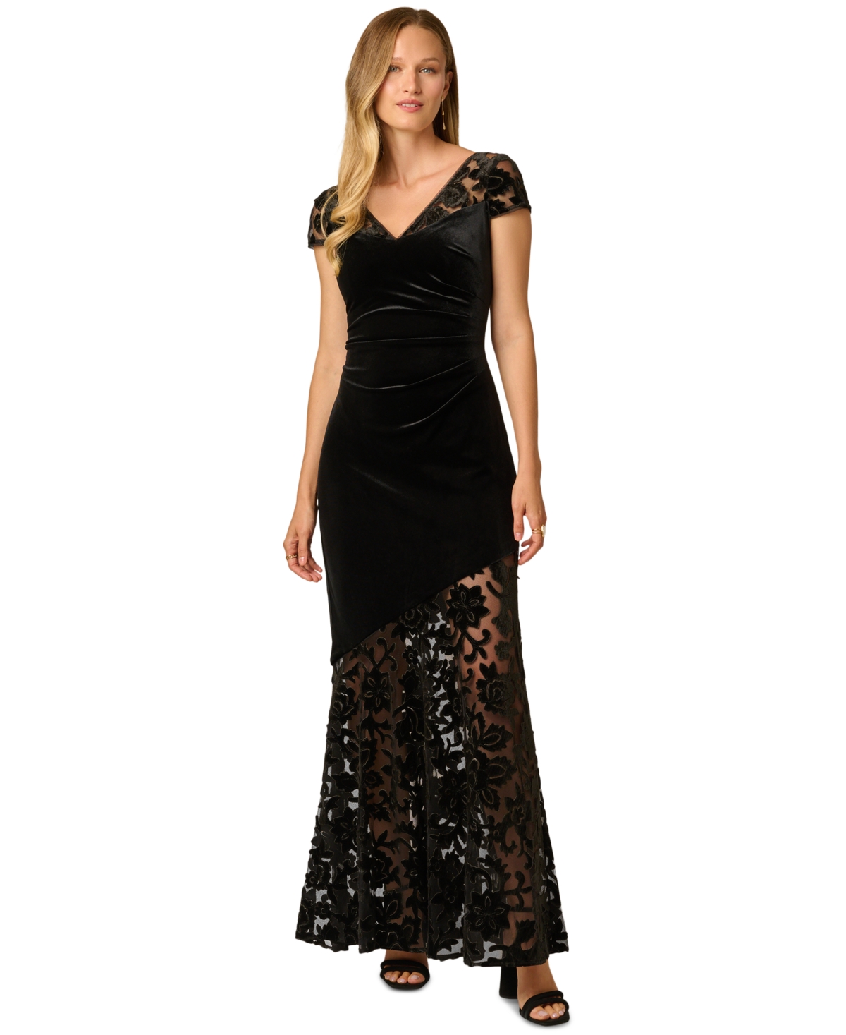 Adrianna Papell Women's V-Neck Velvet Floral-Print Gown - Black