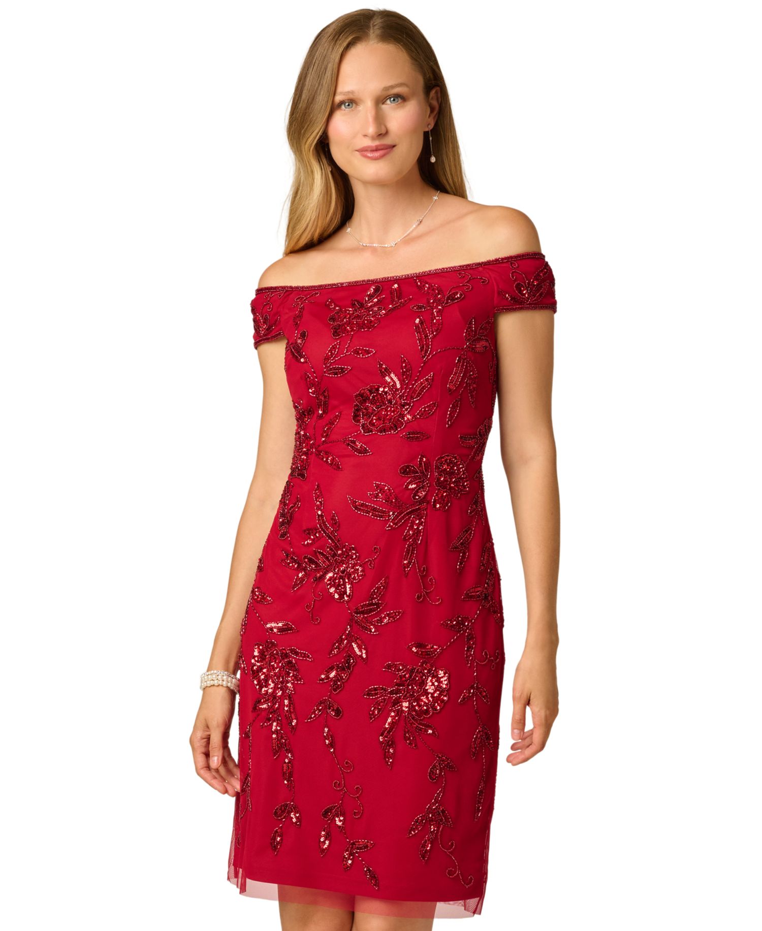 Women's Off-the-Shoulder Beaded Short-Sleeve Dress