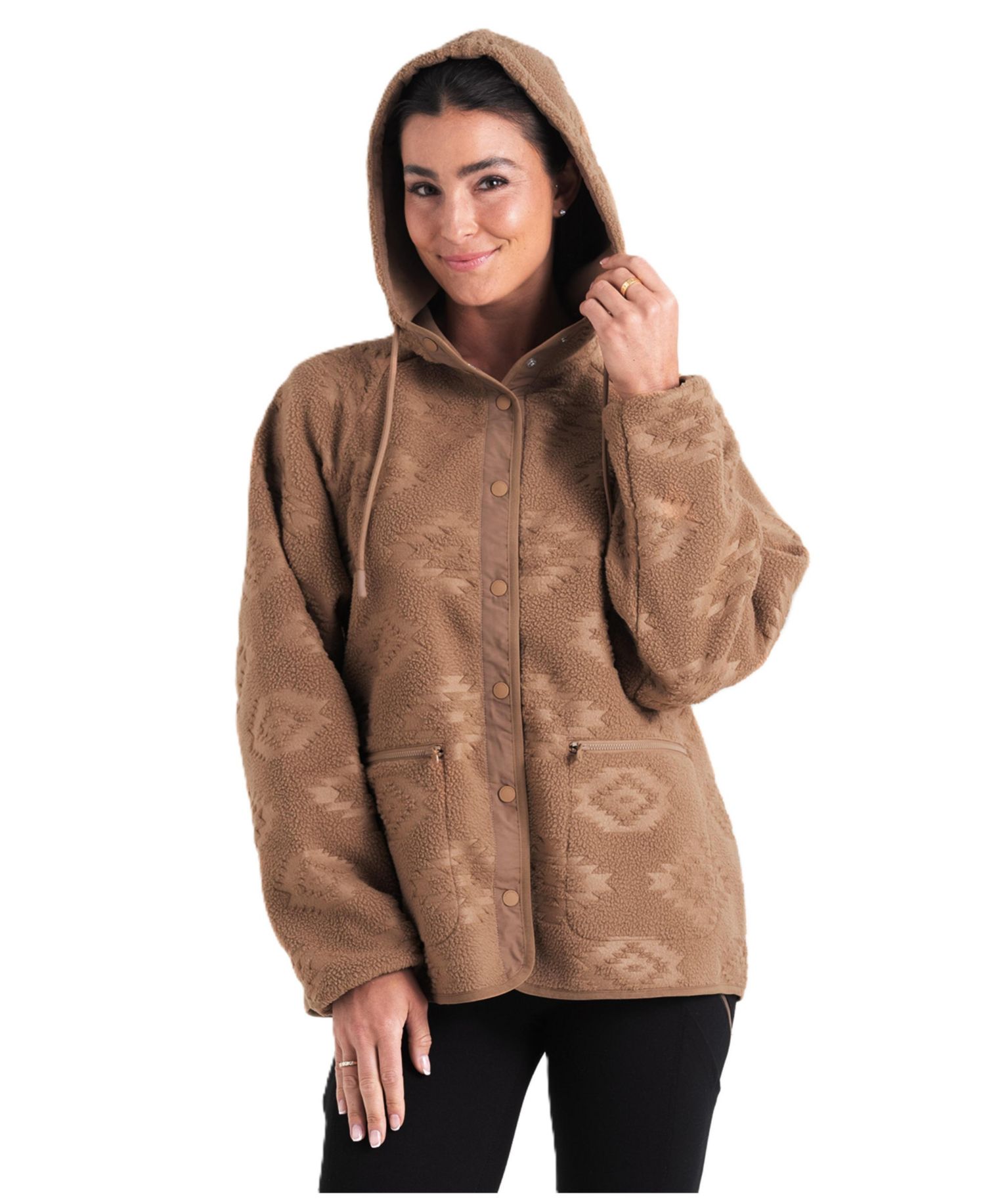 Women's Embossed Snap Front Fleece Hooded Jacket