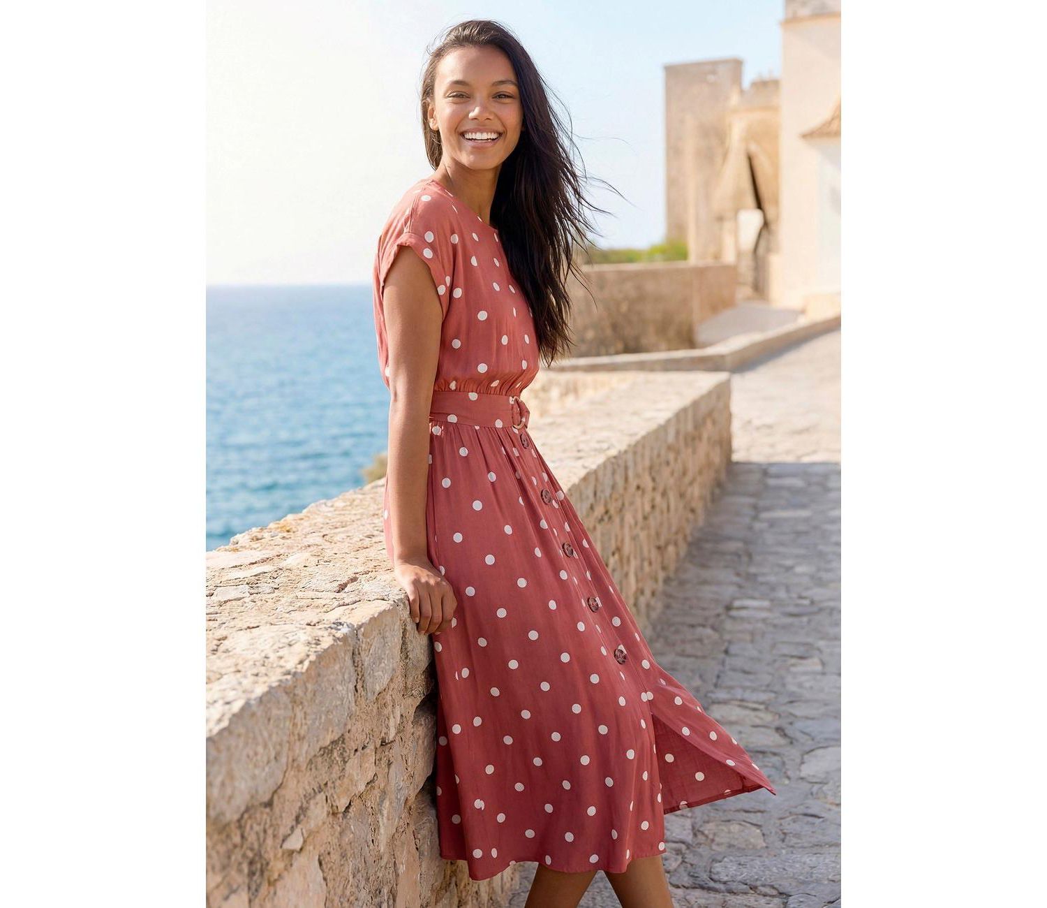 Women's Polka-Dot Short-Sleeve Belted Midi Dress