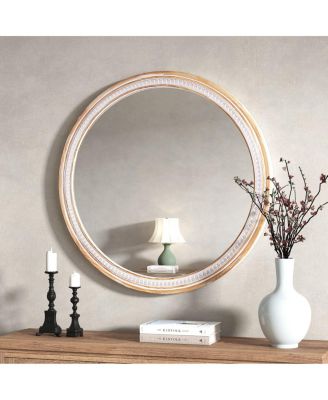 30" Round Farmhouse Wall Mirror with Solid Wood Frame Boho Decorative Accent Mirror