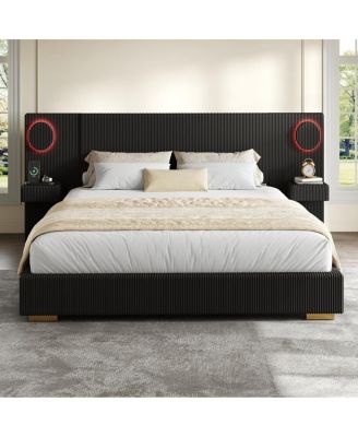 King Size LED Upholstered Platform Bed with Storage and USB