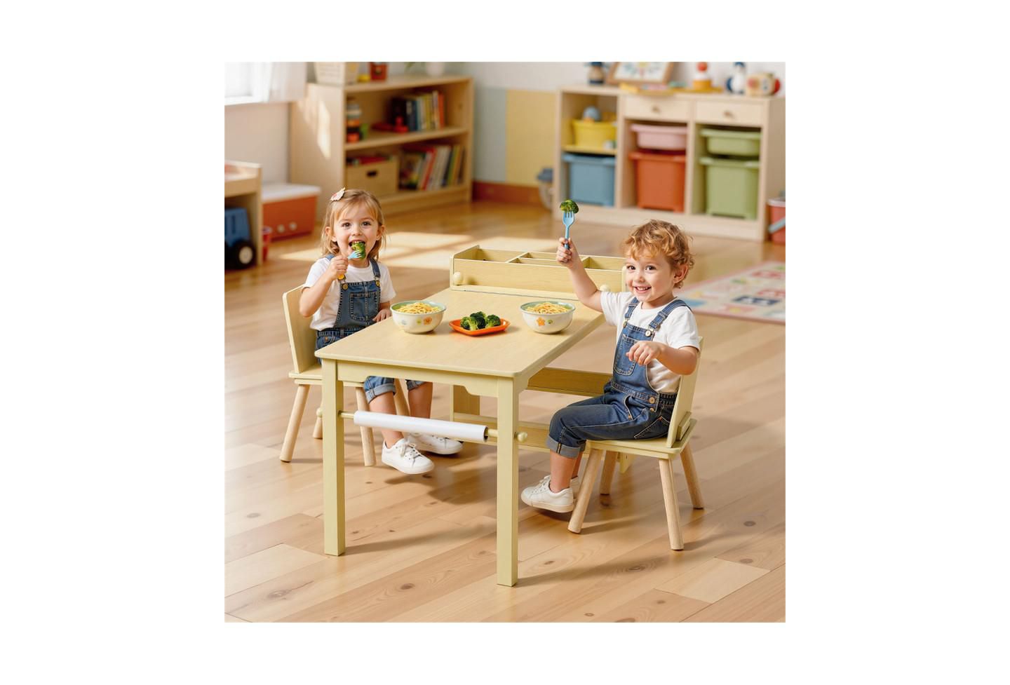 Детские игрушки YOBTOP Kids Art Table with 3-Tier Storage Paper-Roll Holder 3-Piece Activity Desk with 2 Chairs, Ages 2+, цвет: Коричневый — фото 2