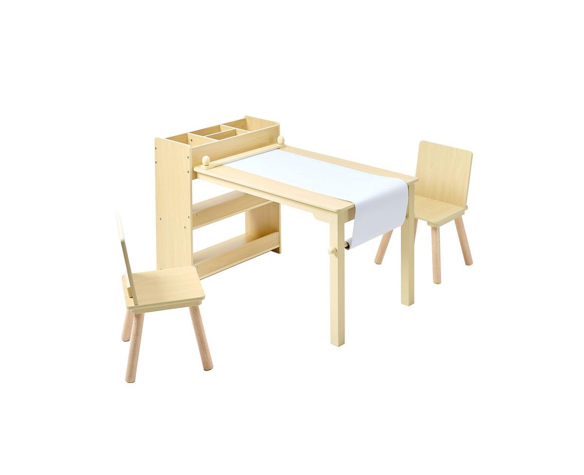 Yobtop Kids Art Table with 3-Tier Storage Paper-Roll Holder 3-Piece Activity Desk with 2 Chairs, Ages 2+ - Wood