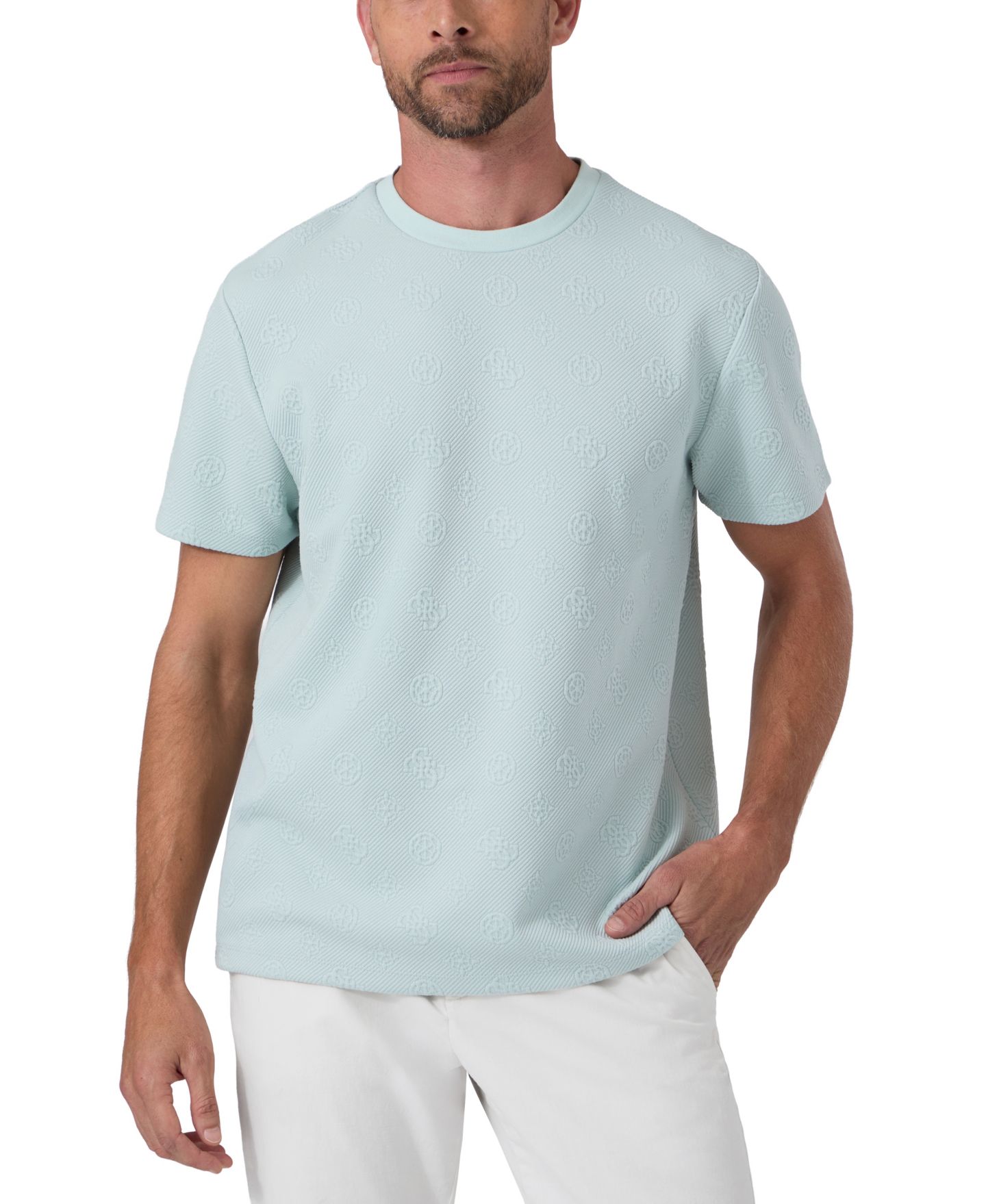 Мужская футболка GUESS Rover Twill Knit Short-Sleeve Allover Monogram, цвет: Пионовый мятный — фото 1
