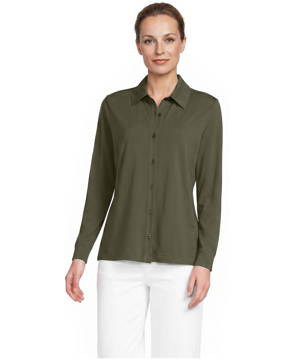 Lands' End Women's Supima Cotton Long-Sleeve Relaxed Button-Down Shirt - Forest moss