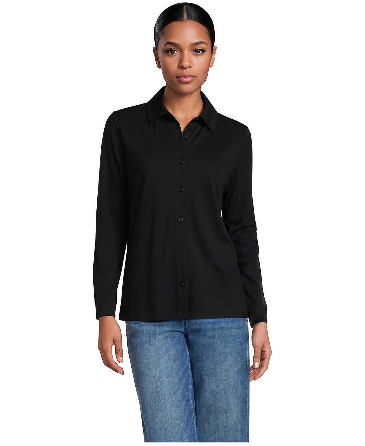 Lands' End Women's Supima Cotton Long-Sleeve Relaxed Button-Down Shirt - Black
