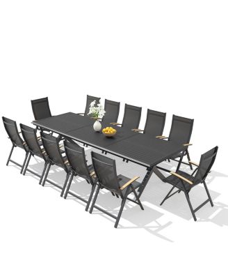13/15-Piece Outdoor Dining Set Aluminum Table with Umbrella Hole and Foldable Chairs with 8 Adjustable Angles
