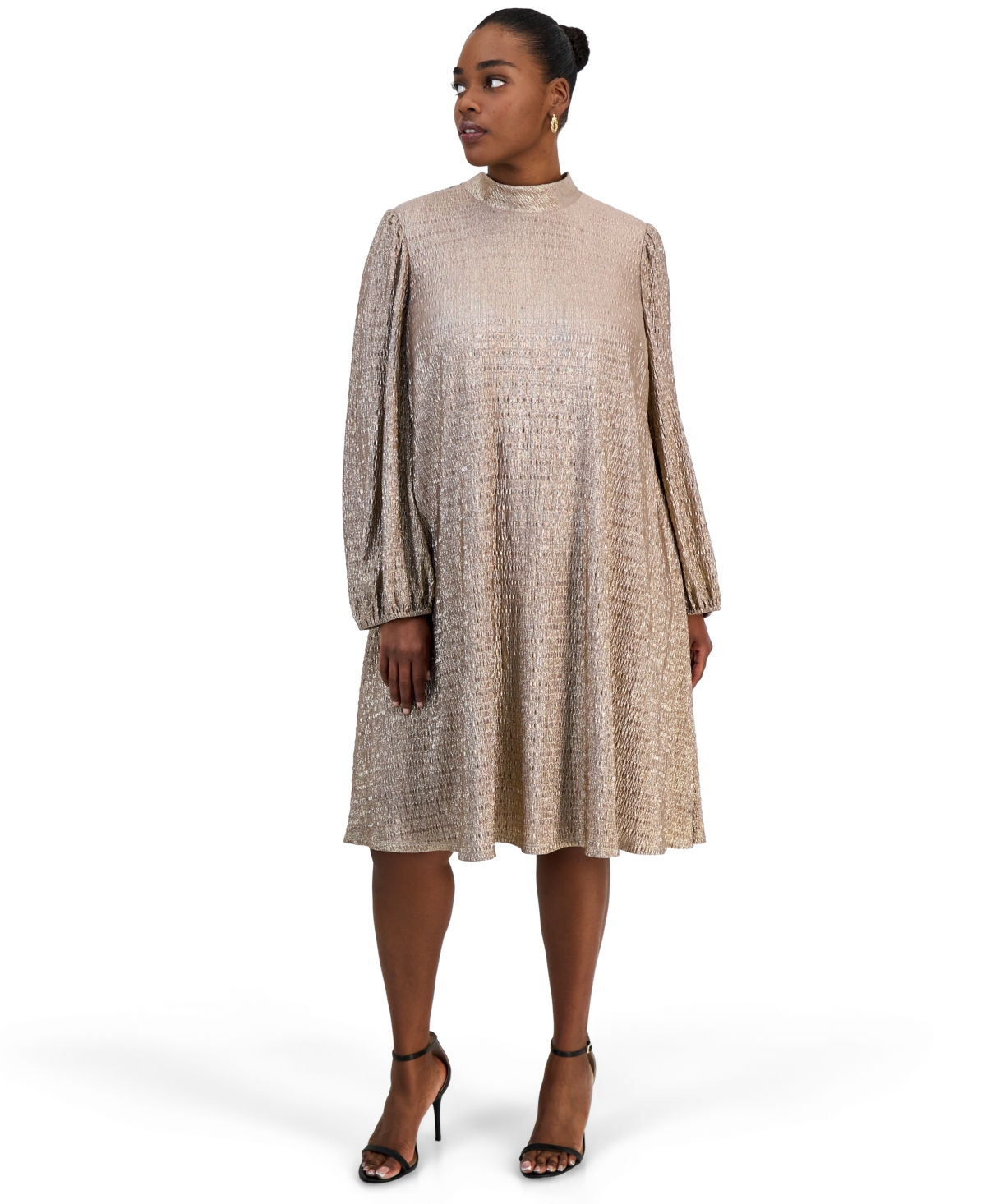 Robbie Bee Plus Size Tie Glitter Knit Shift Mock-Neck Long-Sleeve Dress - Champagne Gold