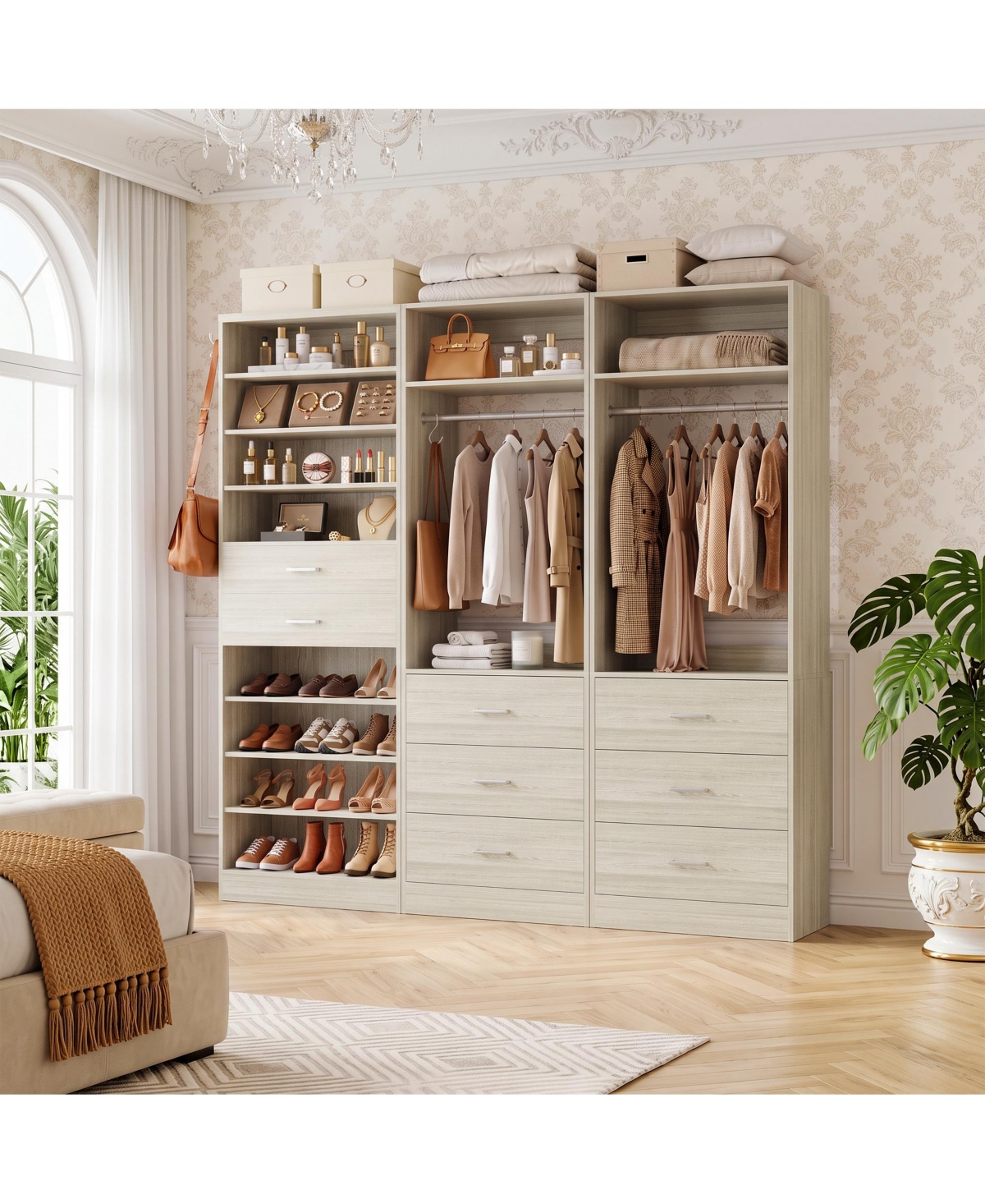 Aheaplus Closet Organizer Set of 3 with 8-Drawers and 8-Shelves, Shoes Storage System Set - Beige oak