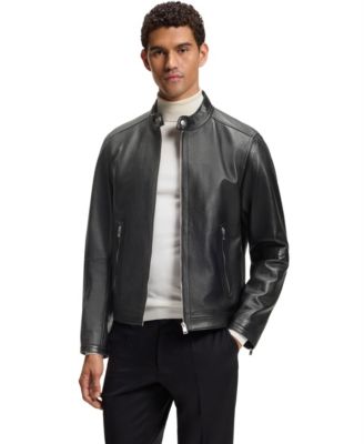 BOSS by Men's Grained-Leather Regular-Fit Motorcycle Jacket