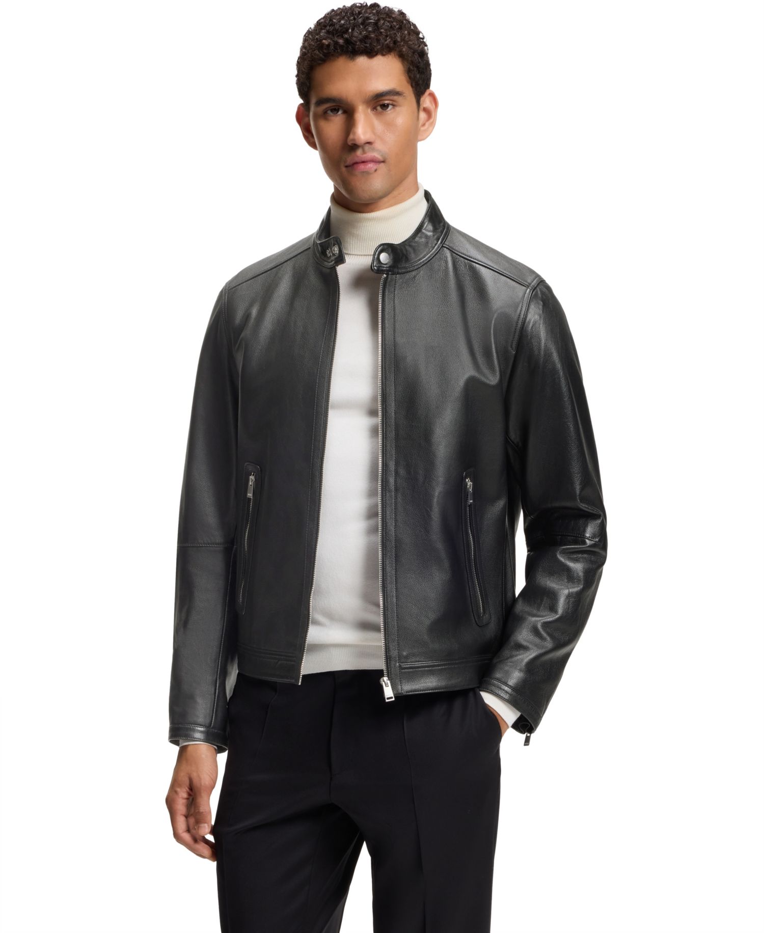 BOSS by Men's Grained-Leather Regular-Fit Motorcycle Jacket