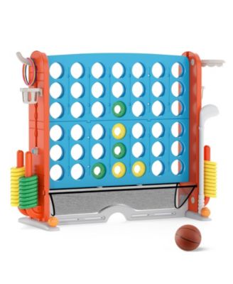 Jumbo 4-to-Score Game, 4-in-1 Backyard Game Set with Ring Toss, Basketball Hoop, Mini Golf and 3 Adjustable Heights, Blue and Orange