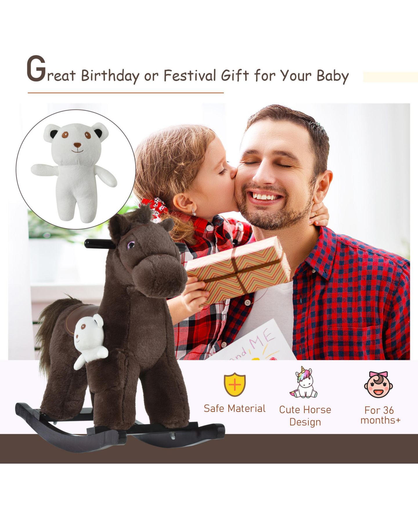Детская мягкая игрушка Glintex Kids Plush Ride-On Rocking Horse with Bear Toy, Toddler Rocking Chair with Realistic Sounds and Wood Runners for Ages 3 and Up, Holds 66 lbs, цвет: Коричневый — фото 7