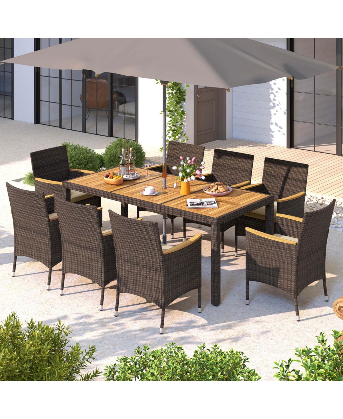 Costway Outdoor Dining Set with Acacia Wood Table Top Patio Dining Set for 8 People