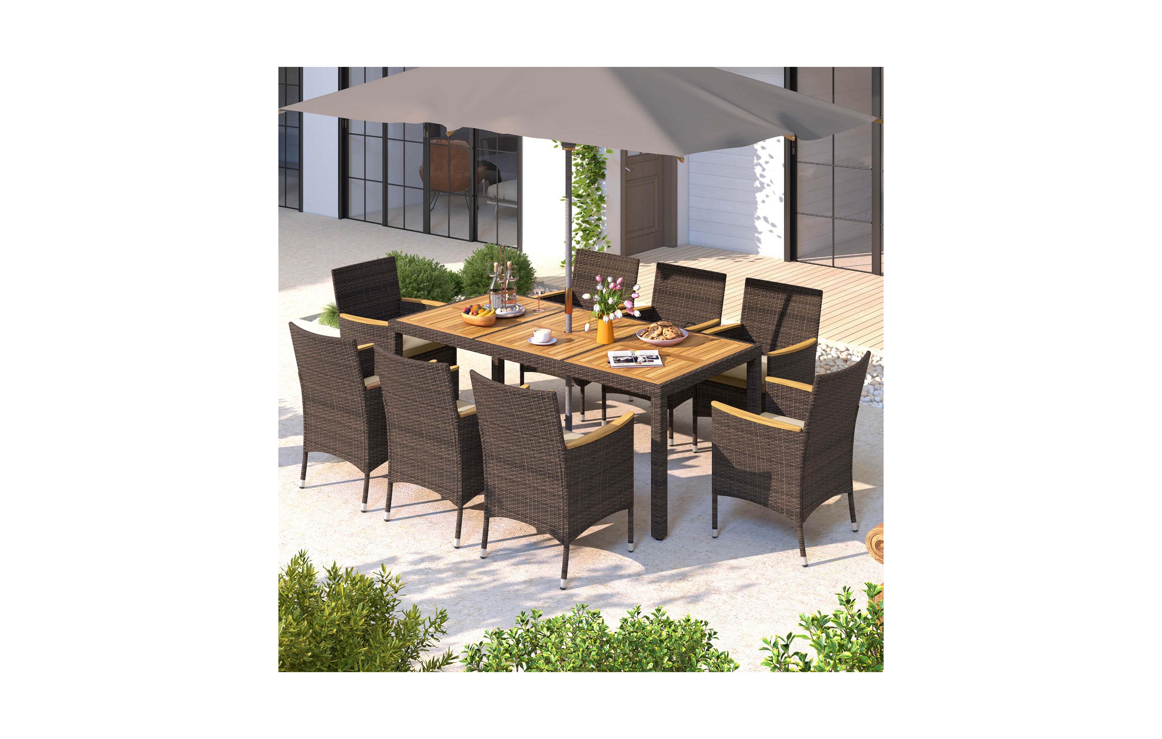 Costway Outdoor Dining Set with Acacia Wood Table Top Patio Dining Set for 8 People