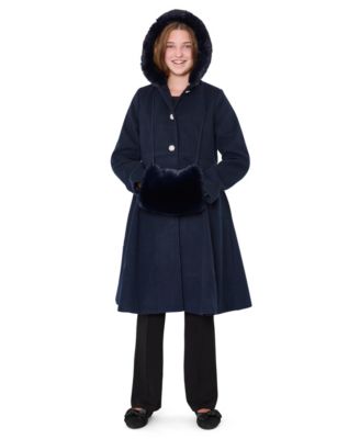 Girls' 6-16 Long-Sleeve Hooded Fur Trim Coat with  Muff