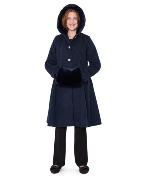 Пальто S Rothschild & CO Long-Sleeve Hooded Fur Trim Coat with Muff для девочек, цвет: Тёмный тёмно-синий