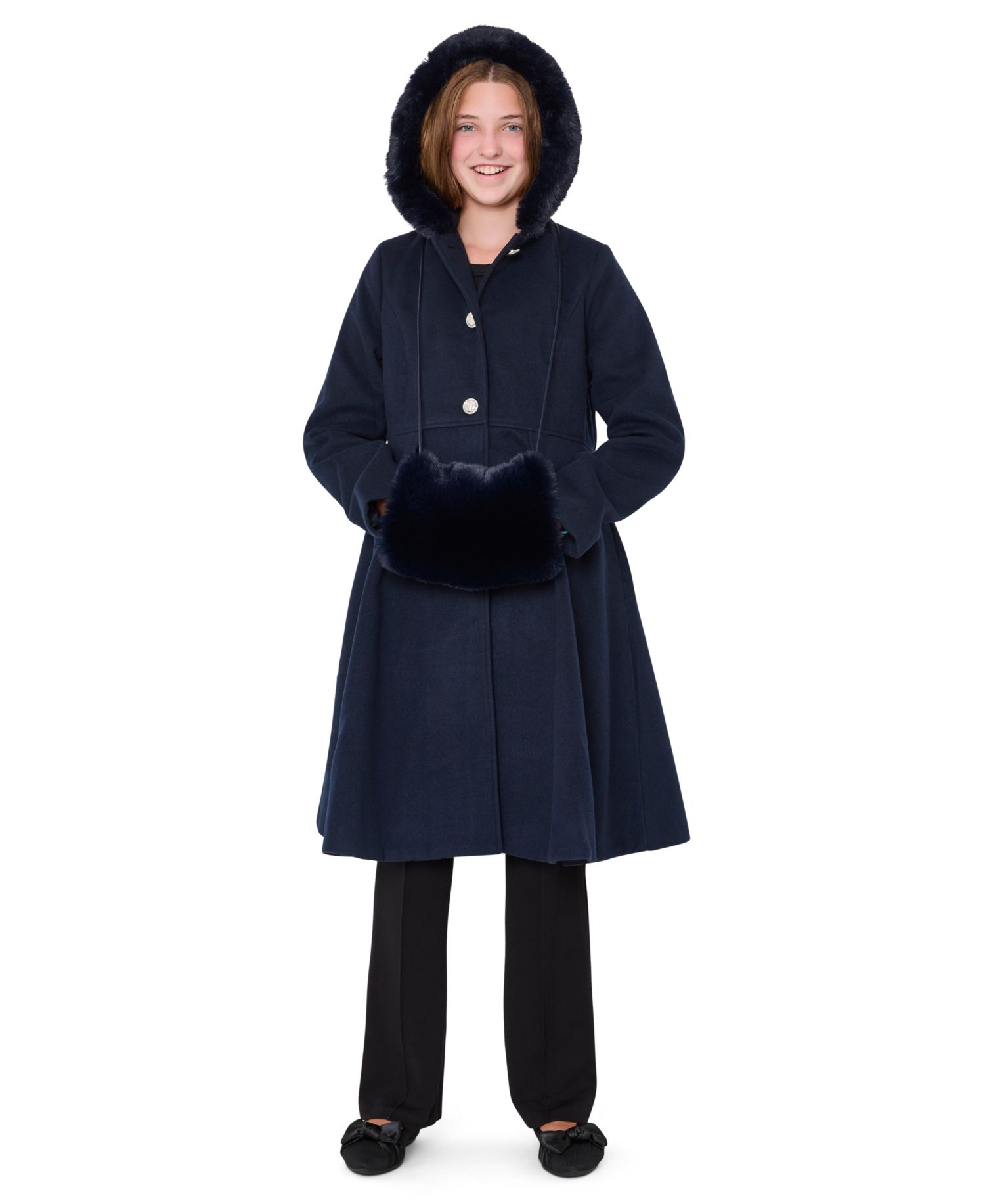 Girls' 6-16 Long-Sleeve Hooded Fur Trim Coat with Muff
