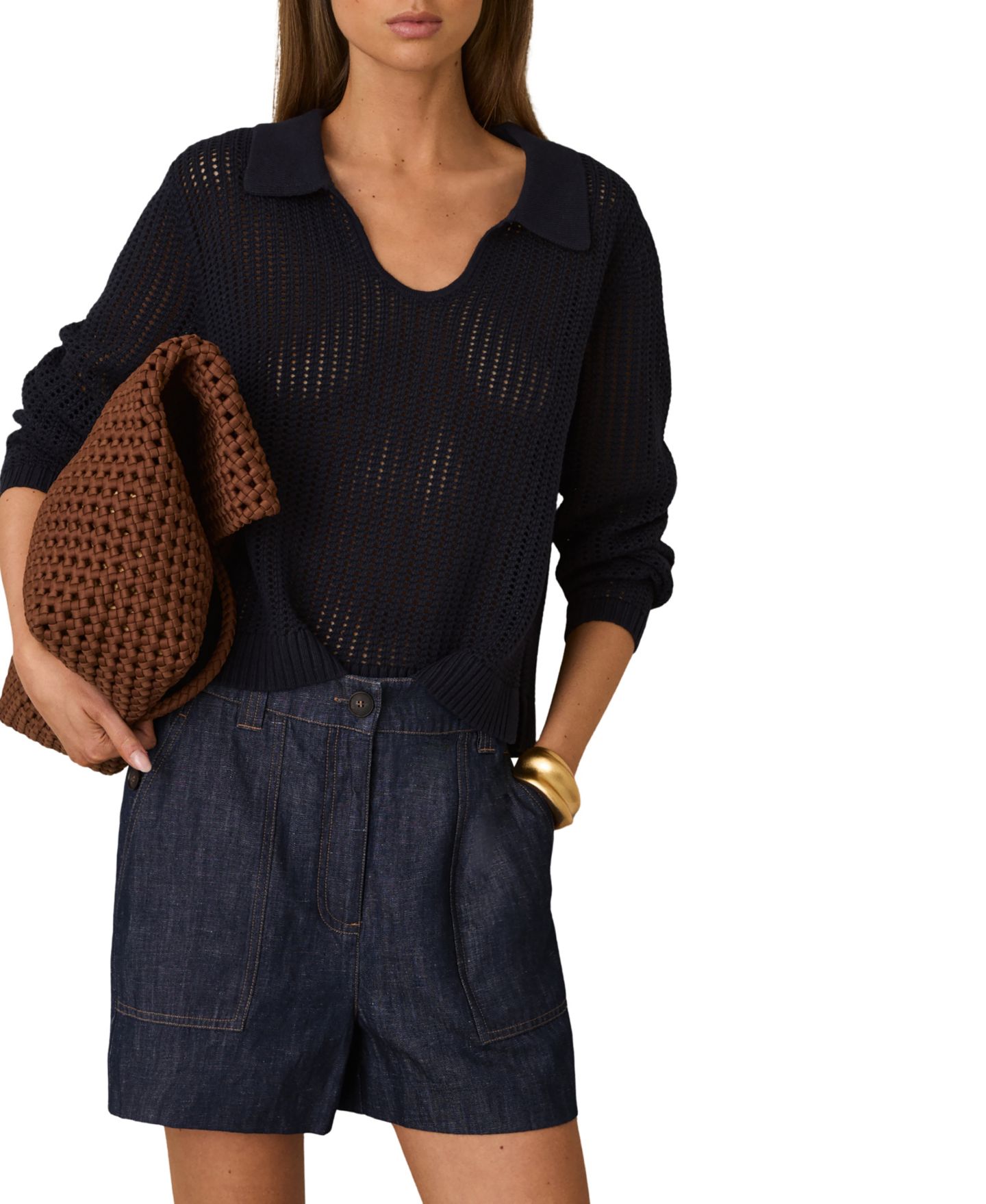 Женские шорты REISS Ashby High-Waisted Linen Chambray, цвет: Индиго — фото 2