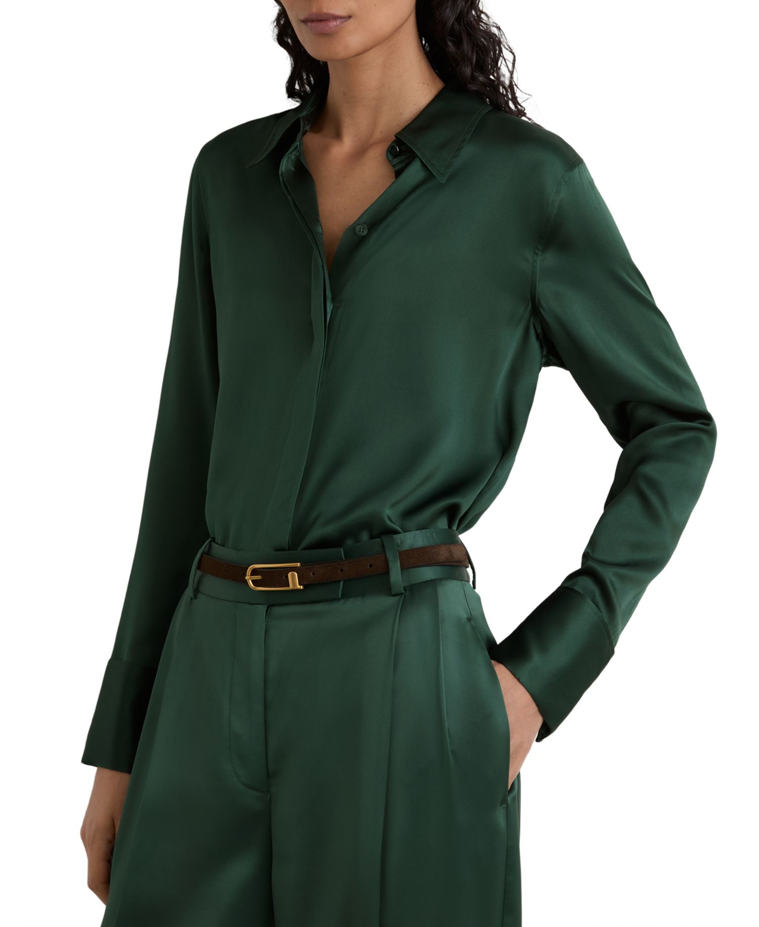 Women's Ameira Long-Sleeve Silk Satin Pointed-Collar Blouse