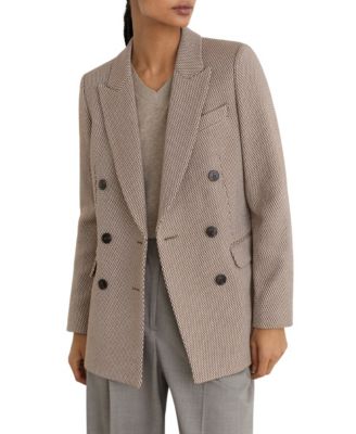 Women's Double-Breasted Lightly Padded Shoulders Textured Wool-Blend Blazer