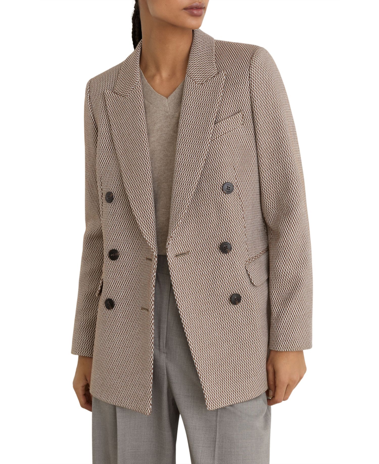 Women's Double-Breasted Lightly Padded Shoulders Textured Wool-Blend Blazer