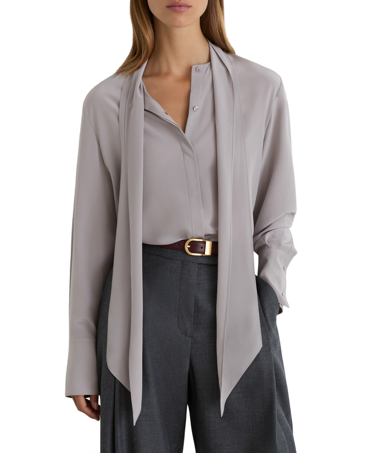 Reiss Women's Kathlyn Long-Sleeve Tie-Neck Silk Blouse - Grey