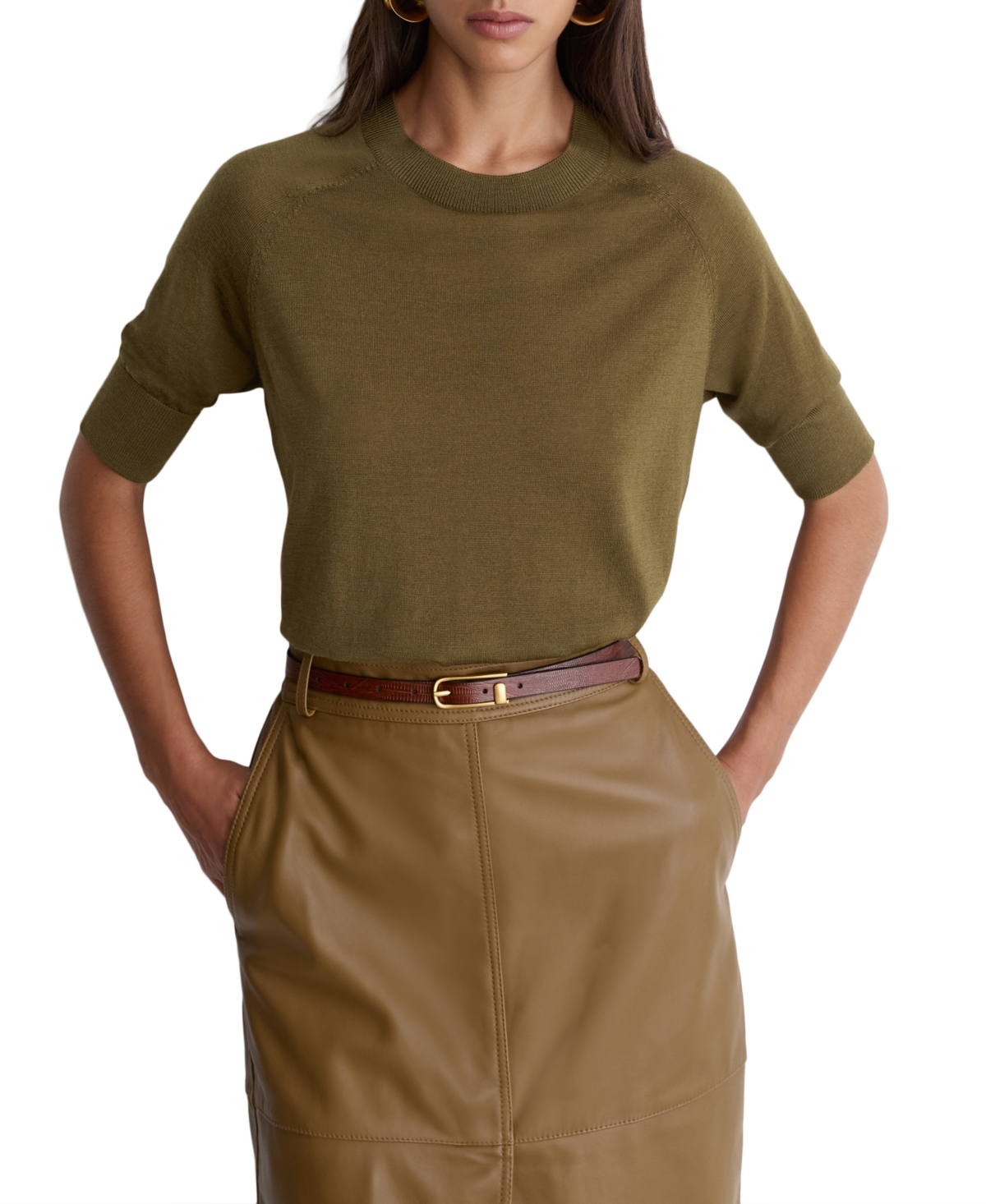 Reiss Women's Suzzie Merino-wool Fitted Short-raglan Sweater In Khaki Gree