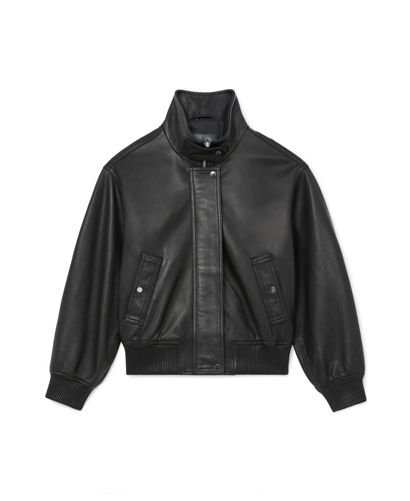 Женская куртка REISS Petite Cara Leather Funnel-Neck Oversized Bomber, цвет: Чёрный — фото 4