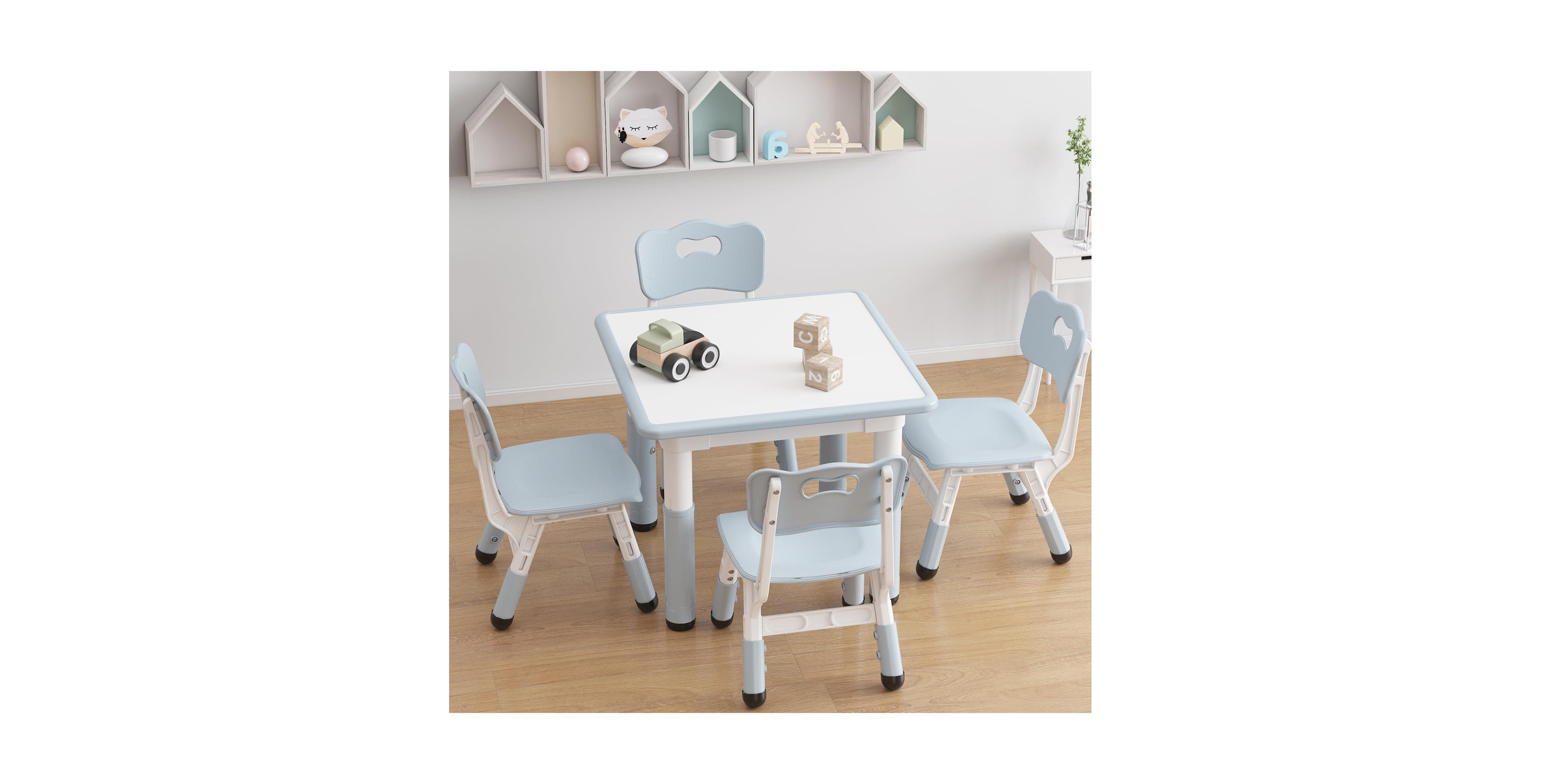 homfan Kids Table and 4 Chairs Set Height Adjustable Toddler Play Table with Graffiti Desktop Mdf Wood for Drawing Reading Eating Playroom Home School