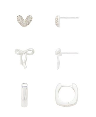 Cubic Zirconia Silver-Tone Bow Hoop Earrings, 3-Piece Set