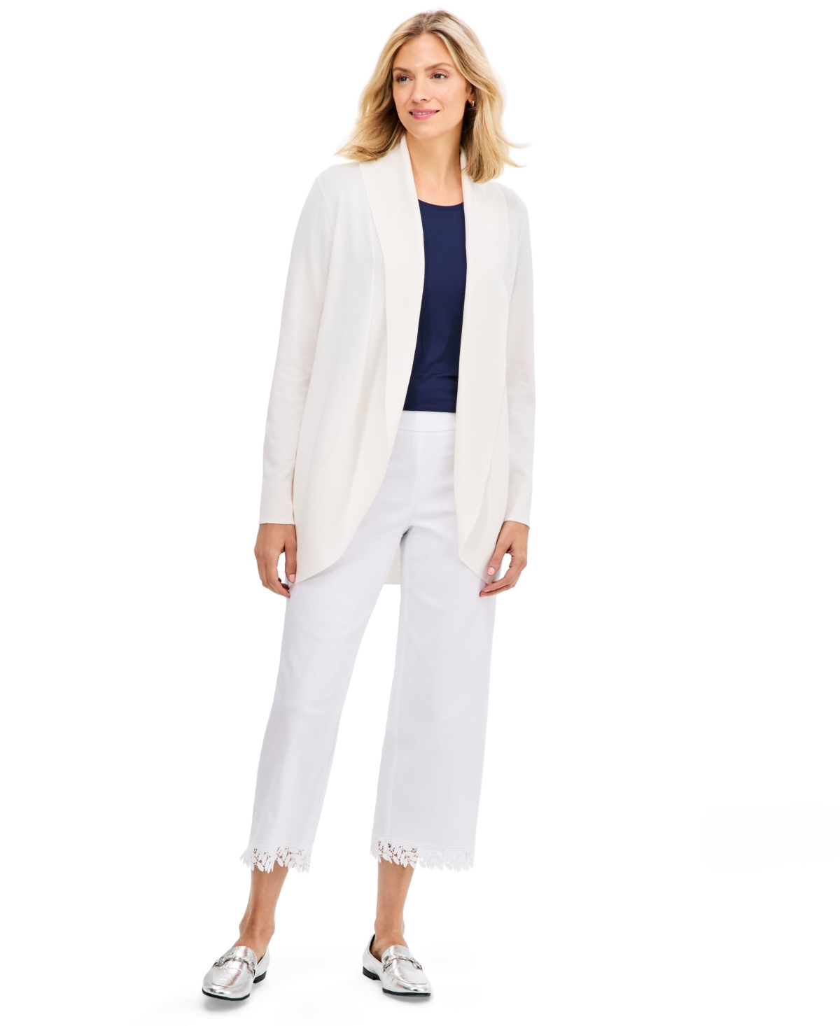 Jm Collection Women's Crochet Trim Wide-Leg Pull-On Capri, Macy's Exclusive - Bright White