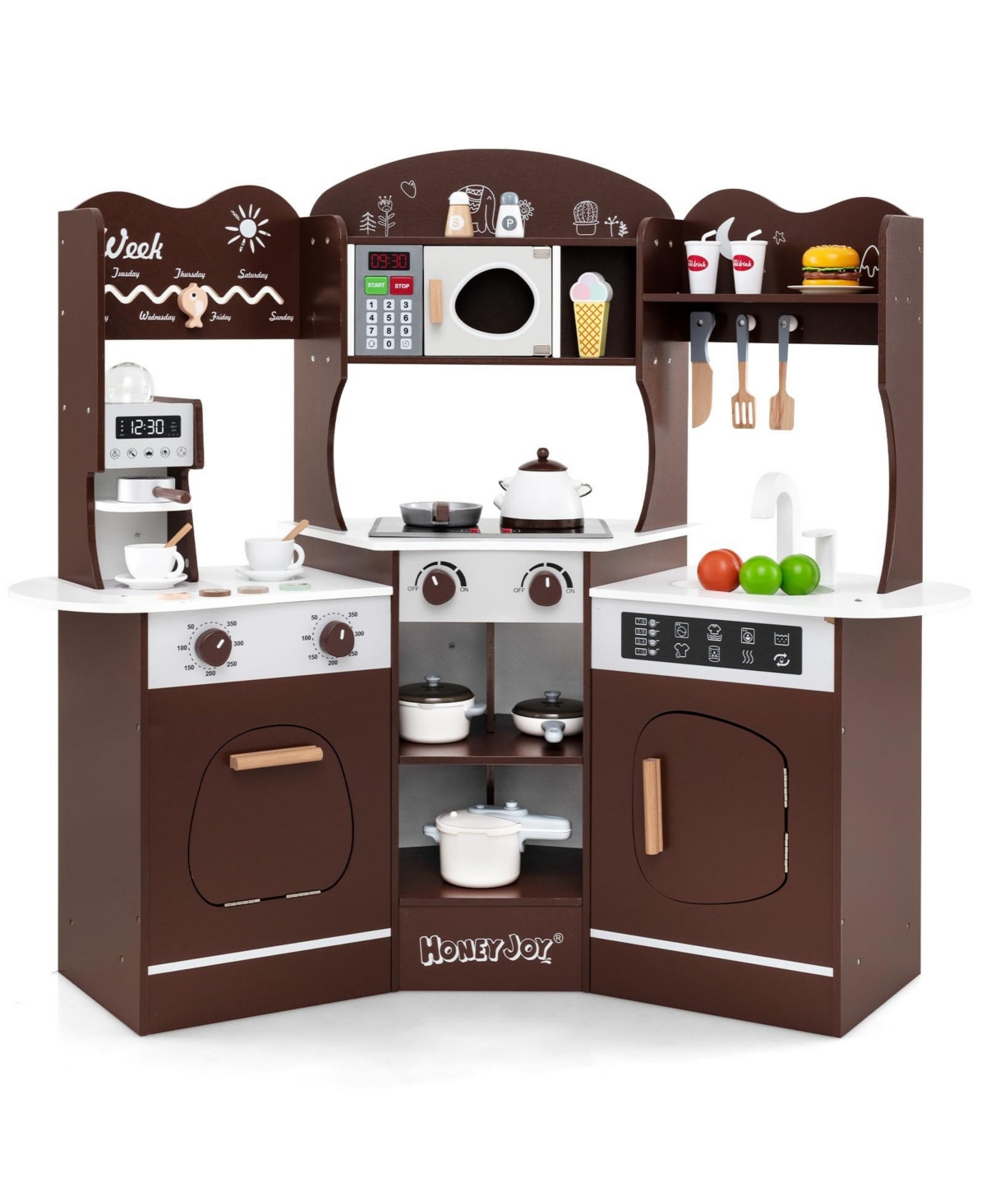 Mecale Corner Wooden Play Kitchen with Slide and Coffee Machine, 16-Piece Set, Ages 3+