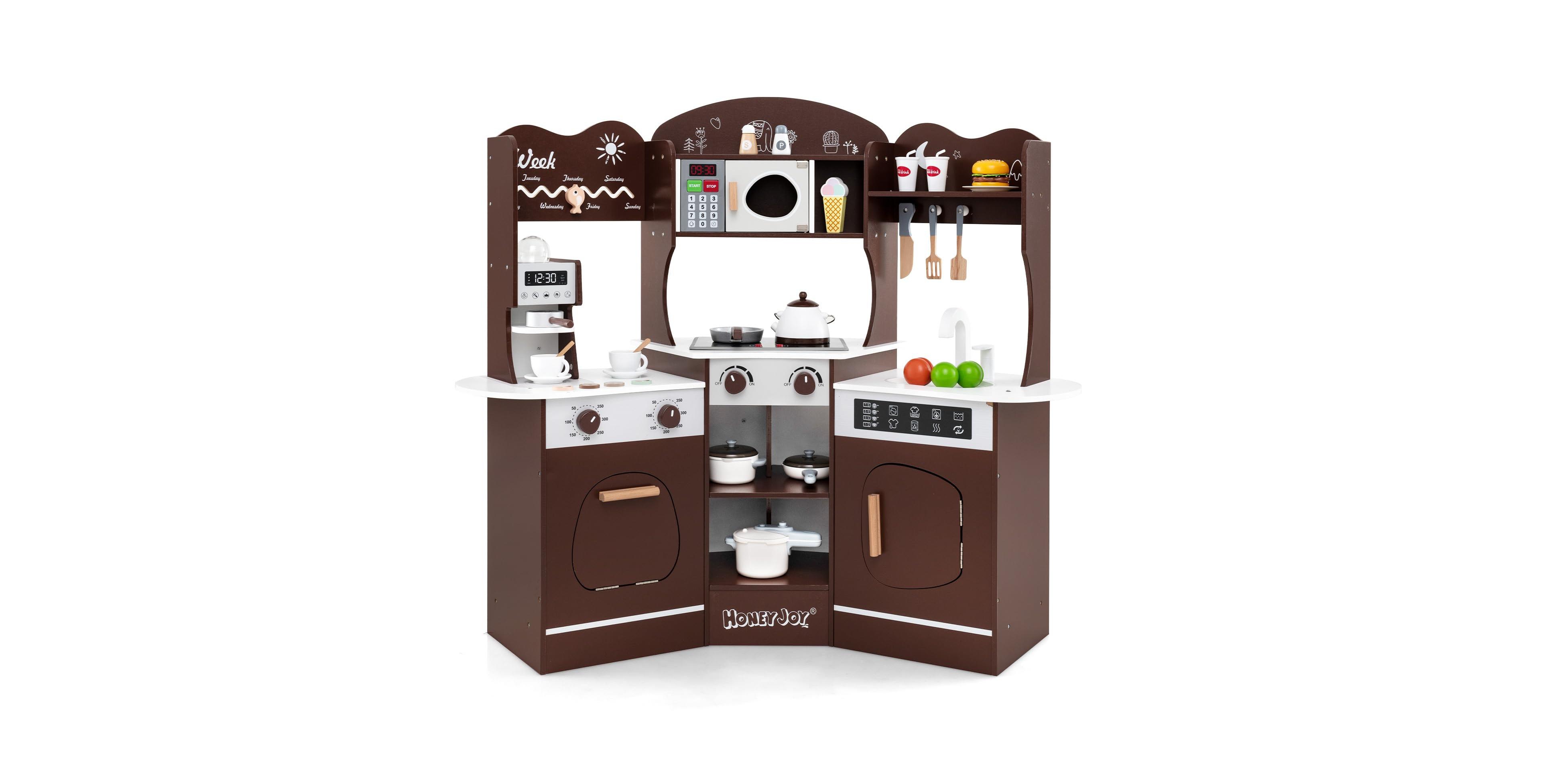 Mecale Corner Wooden Play Kitchen with Slide and Coffee Machine, 16-Piece Set, Ages 3+