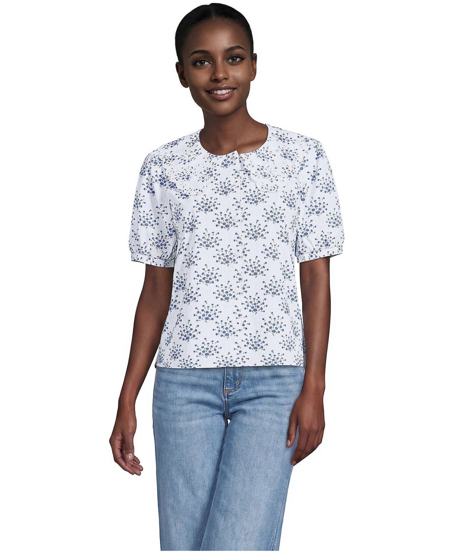 Women's Poplin Puff Sleeve Ruffle Collar Blouse