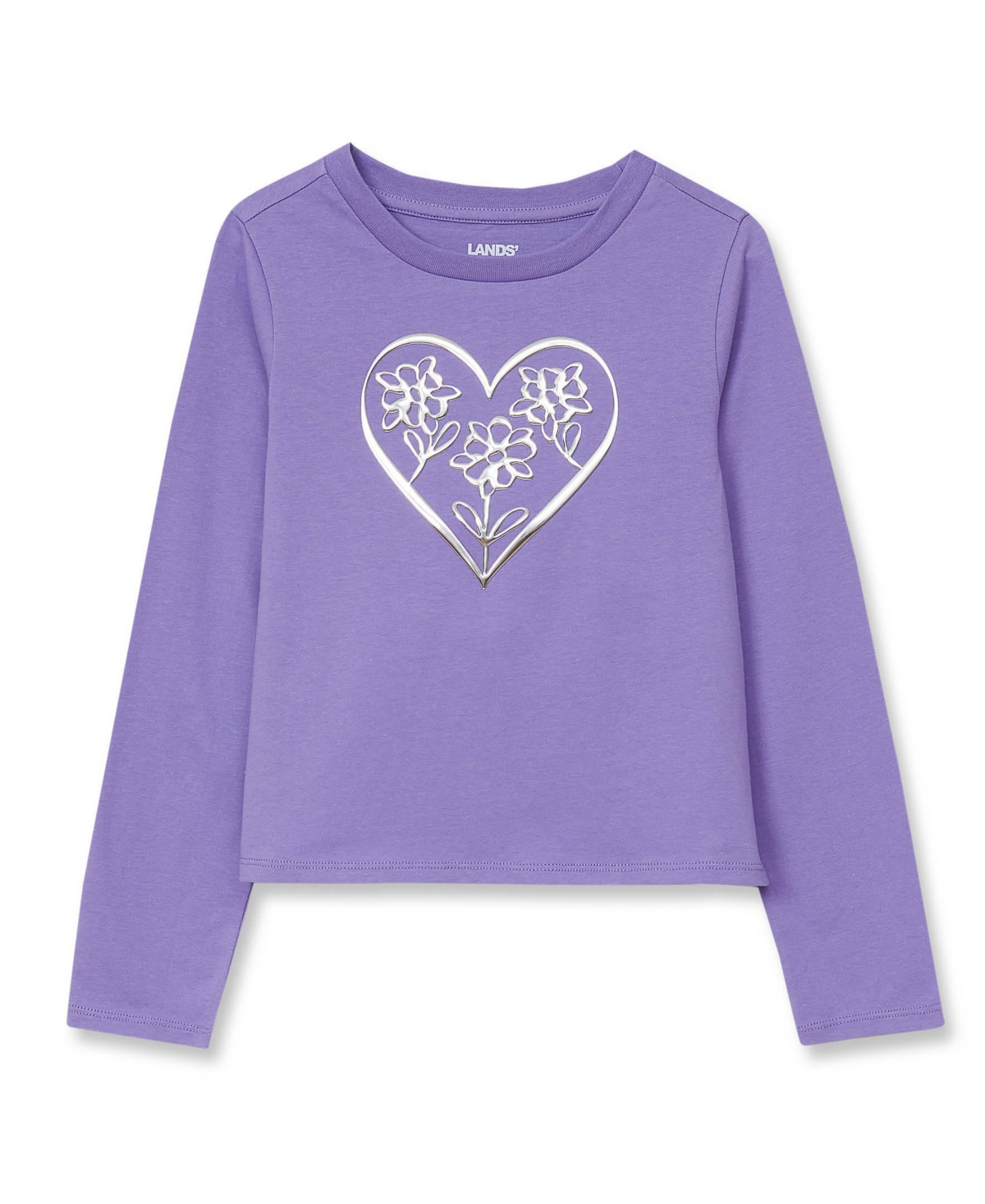 Lands' End Girls Long Sleeve Graphic Meet and Greet Tee - Metallic/heart/dahlia purple