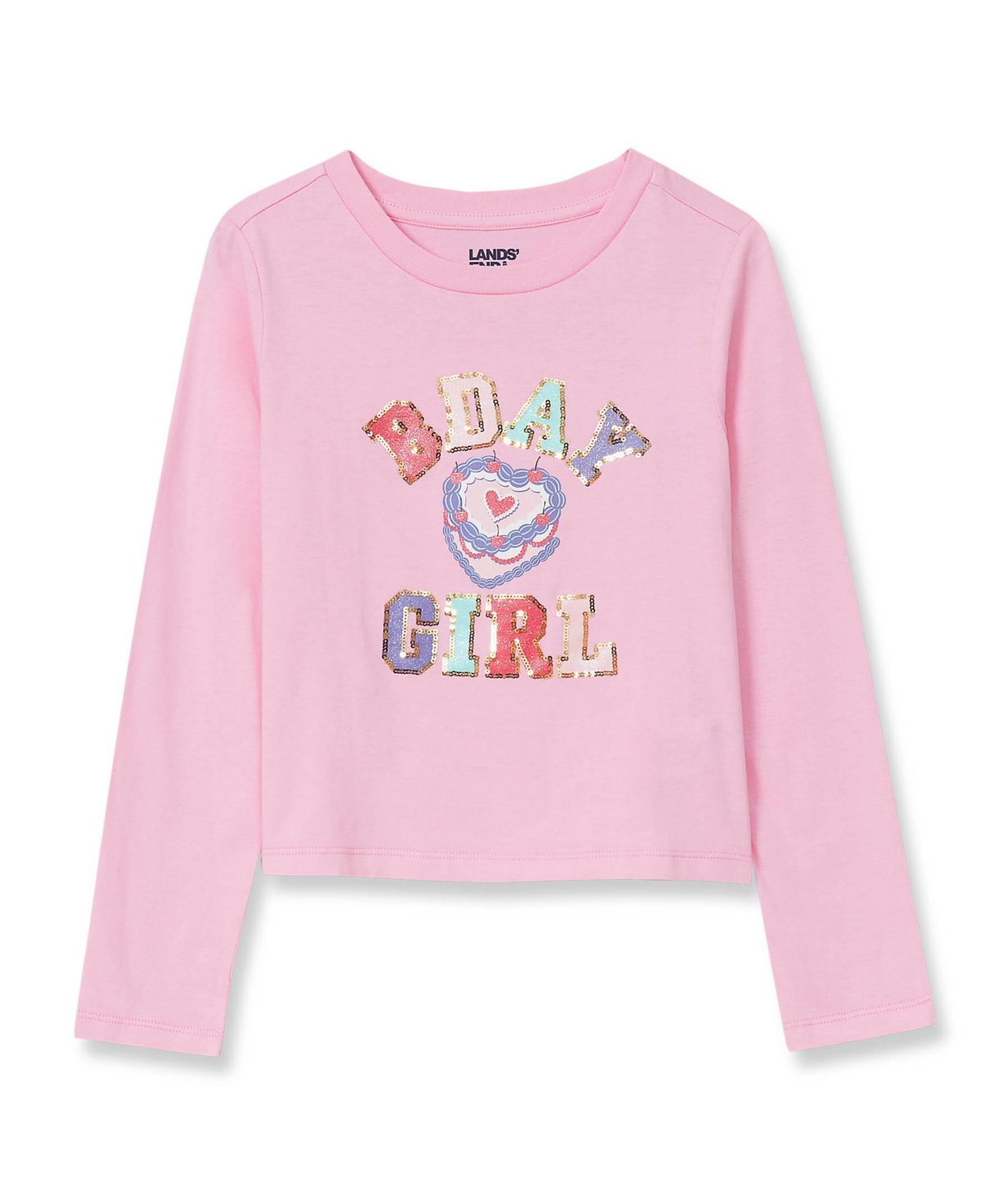 Lands' End Girls Long Sleeve Graphic Meet and Greet Tee - Glitter sequins/candy pink